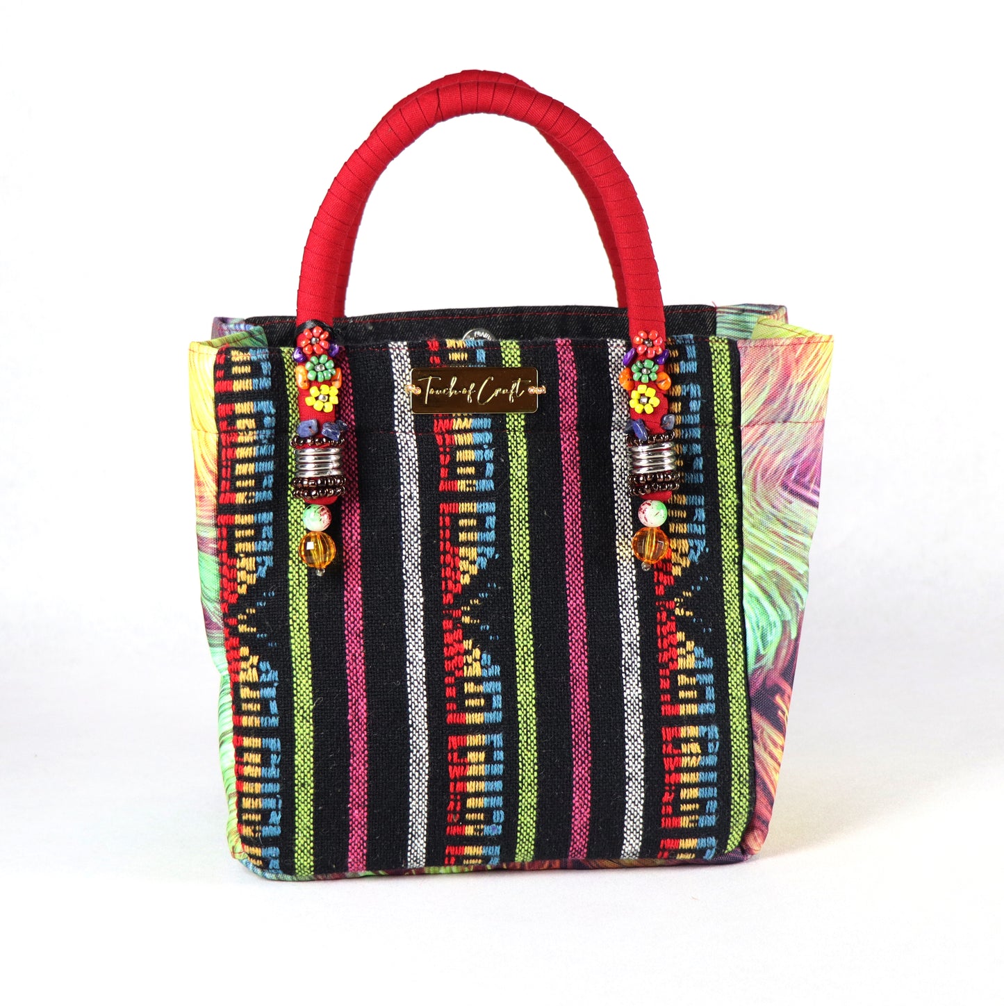 Comes in red handle, black denim with studs on the front, a yellow-purple streaks on the sides, and an aztec pattern on the back.