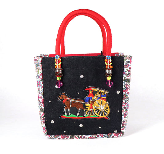 Comes in red handle, black denim with studs, a floral red pattern on the sides, and a plain red back.