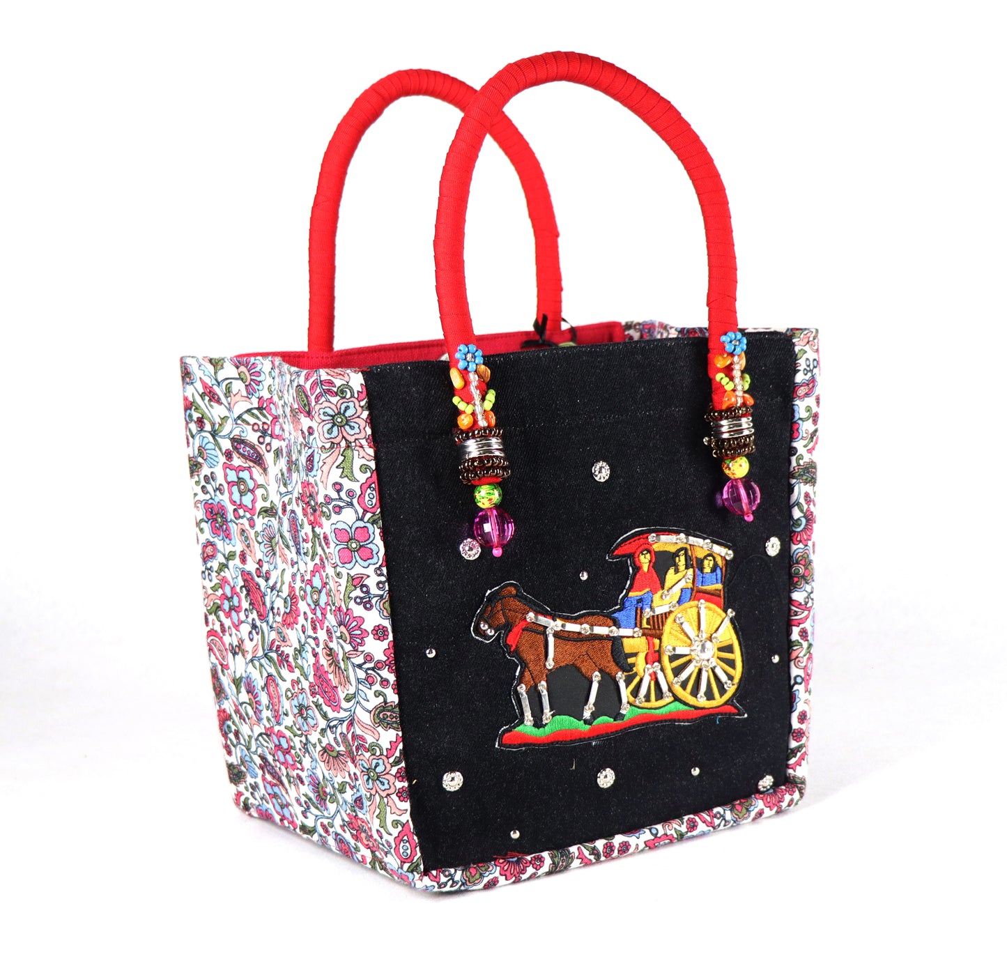 Comes in red handle, black denim with studs, a floral red pattern on the sides, and a plain red back.